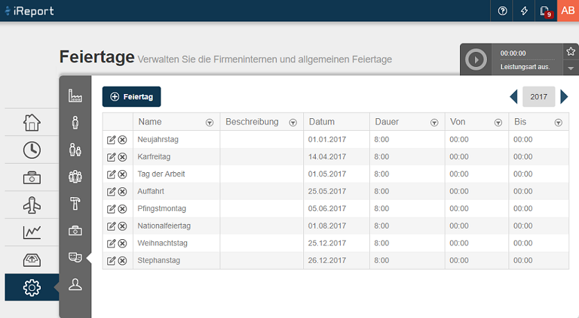 Feiertagsübersicht in den Stammdaten